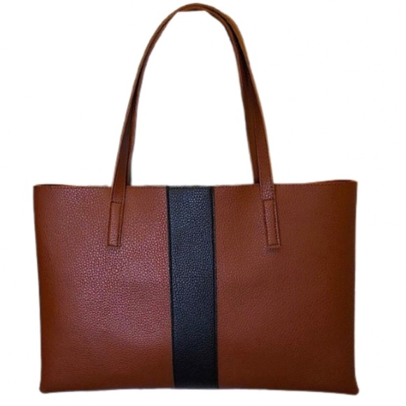 VINCE CAMUTO Tumbled Brown Vegan Leather With Black Stripe Tote Bag Carryall - Picture 17 of 17